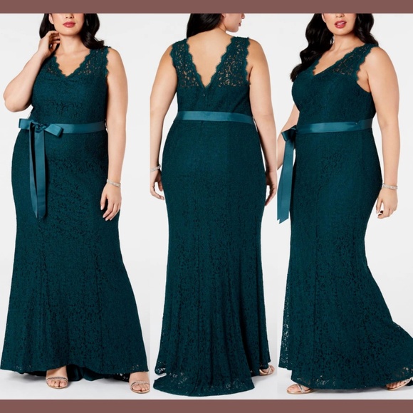 NWT Adrianna Papell [ Plus‎ Size 20W ] Ribbon-Belt Lace Gown in Forest Green - Picture 1 of 12